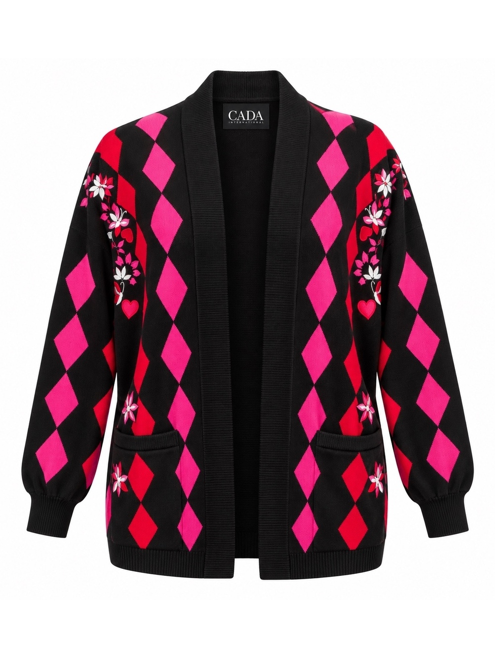 Vintage Escada Black, Pink & Red Argyle Cardigan 38